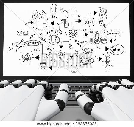 3d Illustration. Robotic Hands Typing On A Laptop With Chemestry Sketch. Education Concept. Isolated