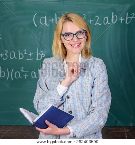 Woman Teaching Near Chalkboard. Principles Can Make Teaching Effective And Efficient. Effective Teac
