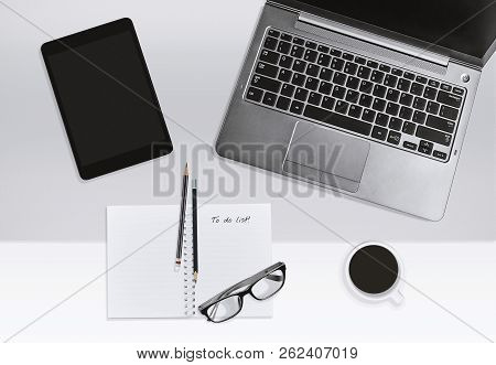 Modern Office Workplace, Home Office Business Or Education Concept. Top View Of Laptop, Open Noteboo