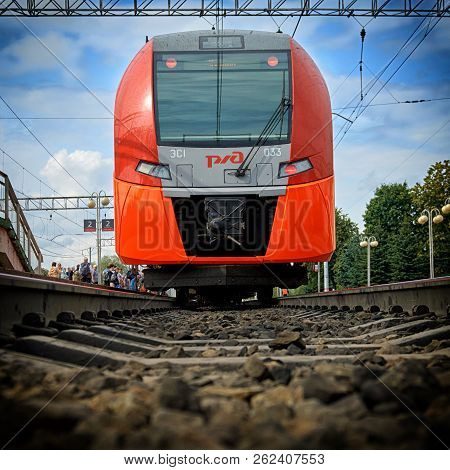 Gagarin, Smolensk Region, Russia - August 30, 2018. Modern Russian Train Lastochka At The Station Of