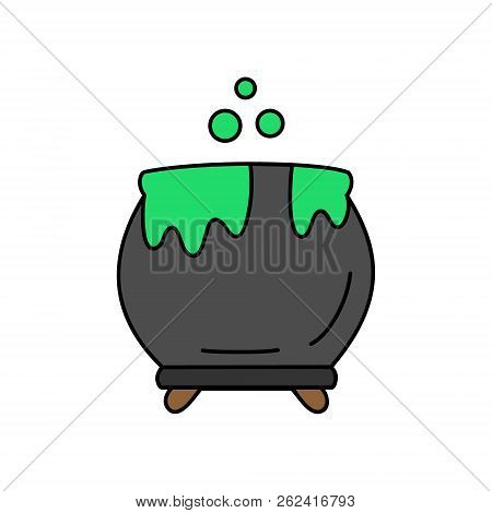 Cute Hand Drawn Witch Pot Vector Illustration. Halloween, Wizard Pot With Green Potion And Bubbles, 