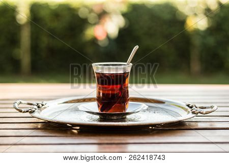 Traditional Turkish Tea On Silver Tray At Garden
