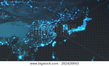 Dark Earth Map With Glowing Details Of City And Human Population Density Areas. Wiew Of Asia. 3d Ill