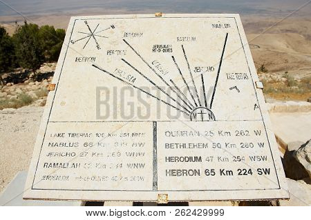 Mount Nebo, Jordan - August 18, 2012: Desert Mountain Landscape With Plaque Showing The Distances Fr