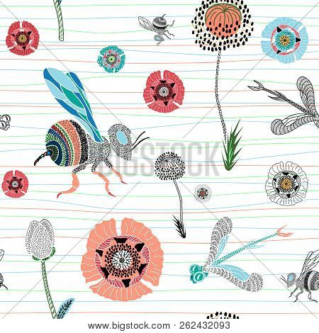 Seamless Pattern With Cute Hand Drawn Bee, Dragonfly And Poppies. Pastel With Black And White Elemen