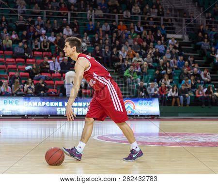 Samara, Russia - December 17: Bc Atomeromu Guard Akos Kovacs #6 Dribbles The Ball Near Center Circle