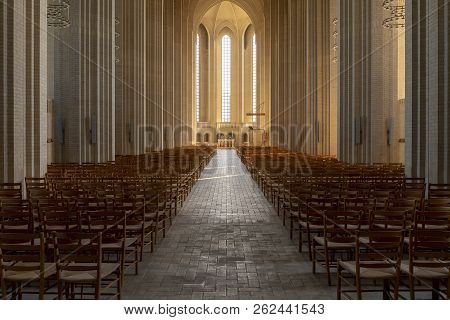 Copenhagen, Denmark - September 18, 2018: Interior Of The Grundtvigs Church (kirke) With Brick Pilla