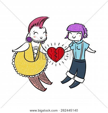 Cute Freaks In Love. Gender-queer, Cross-dressing, Punk, Goth, Skin. Vector Illustration For Prints,