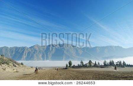 pony ride on the sand sea to the Temple at Bromo