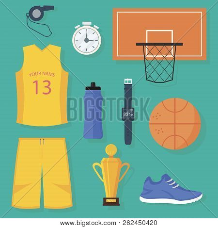 Set Of Basketball Items: Uniform, Ball, Basket, Golden Trophy, Timer, Digital Wristwatches With Puls