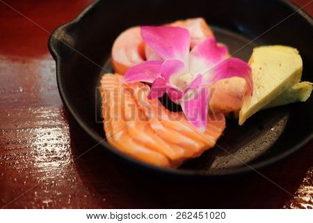 Japanese Food Delicacy Consisting Sashimi Salmon Of Very Fresh Raw Salmon Fish Sliced