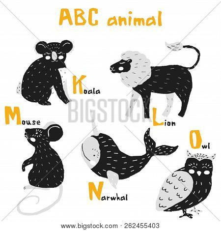 Vector Hand Drawn Cute Abc Alphabet Animal Scandinavian Design,lion,mouse,narwhal, Koala,owl