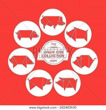 Cartoon Pigs Icon Set. Abstract Red Pig Sign Silhouette In White Circle. Freehand Drawn Stylized Pap