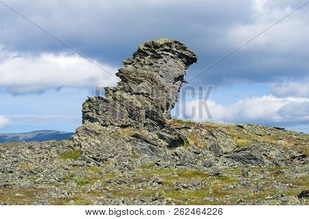 The Rock Shaman-stone In The Mountains Of The Polar Urals. Yamalo-nenets Autonomous District, Russia