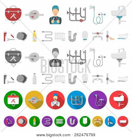 Plumbing, Fitting Cartoon Icons In Set Collection For Design. Equipment And Tools Vector Symbol Stoc