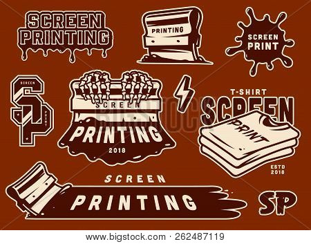Vintage Screen Printing Elements Set With Squeegees Paint Splashes Shirts Lightning Inscriptions Iso