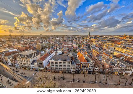 Aerial View Over Historic Part Of Groningen City Under Setting Sun