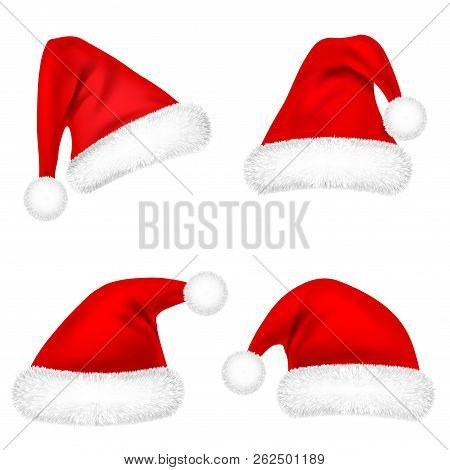Christmas Santa Claus Hats With Fur Set. New Year Red Hat Isolated On White Background. Winter Cap. 