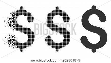 Dollar Icon In Disappearing, Pixelated Halftone And Undamaged Whole Versions. Particles Are Grouped 