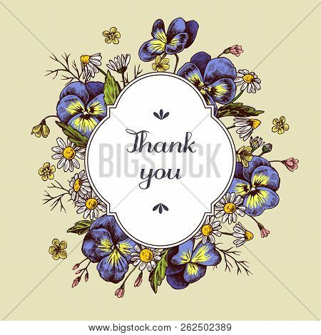 Thank You Badge Over Heartseases And Chamomiles On A Yellow Background. Hand Drawn Vector Illustrati