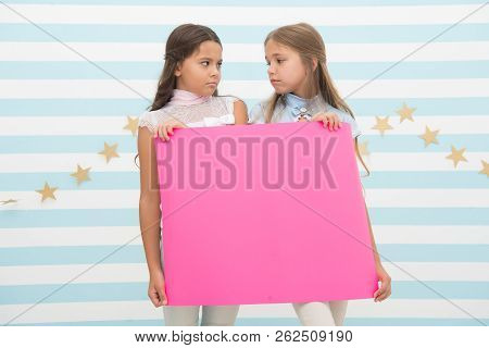 Disappointing News. Girl Hold Announcement Banner. Girls Kids Holding Paper Banner For Announcement.