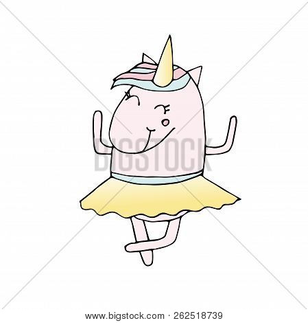 Illustration Of Unicorn Ballerina In Skirt. Card For Kid. Cute Magic Cartoon Fantasy. Design For Chi
