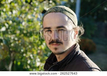 Young Man Portrait With Beard,earlocks, Sidelocks And Moustache At Sunny Day Outdoors . Happy Smilin