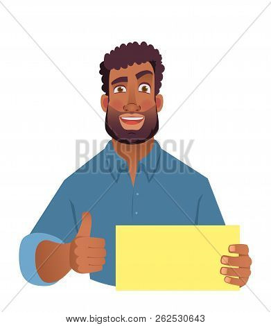 African Man Holding Blank Card. African American Man With Thumbs Up. Vector Illustration