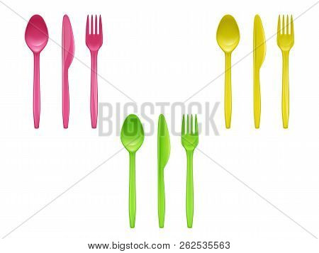 3d Realistic Set Of Disposable Plastic Tableware, Knives, Spoons, Forks Used For Eating Or Serving F