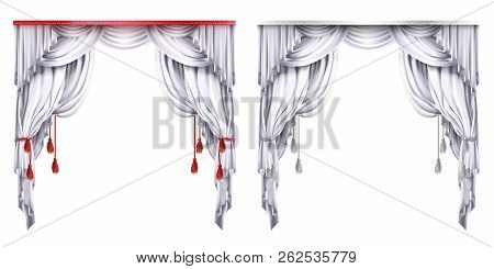 Silk, Velvet Drapes With Red Or White Tassels. Theatrical Curtain With Folds. Decoration Element For