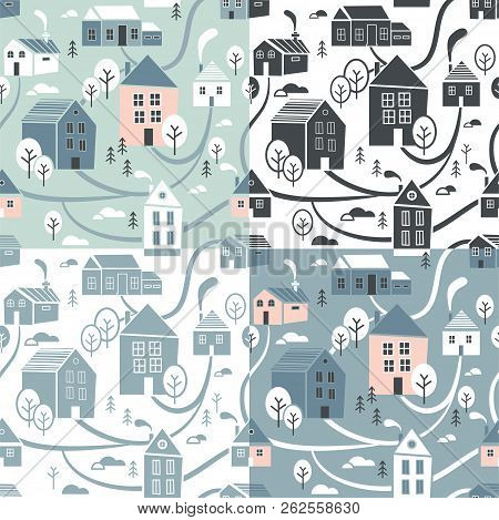 Northern Town. Seamless Pattern Set For Winter, New Year And Christmas Theme. Creative. Hand Drawn C