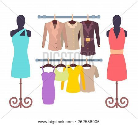 Vogue Clothes Collection Vector Illustration Isolated On White Background Dress, Shirts With Long An