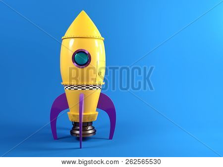 A Retro Yellow Toy Spaceship Rocket Set Against A Blue Background Ready To Launch. 3d Illustration.
