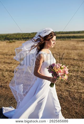Beautiful Smiling Bride Wearing A Natural Flower Wreath And Standing In The Golden Summer Fields Wit