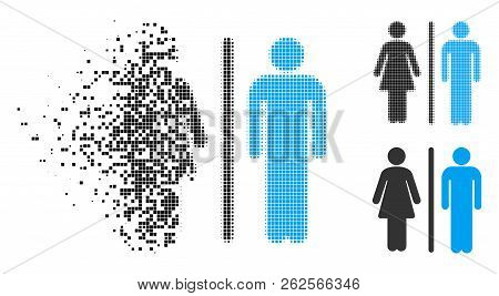 Wc Persons Icon In Disappearing, Pixelated Halftone And Undamaged Solid Variants. Particles Are Grou