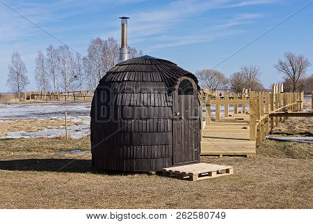 Viljandi, Estonia - April 12,2018: View Of Iglu Handcrafted Saun Cabin From Natural Material, Estoni