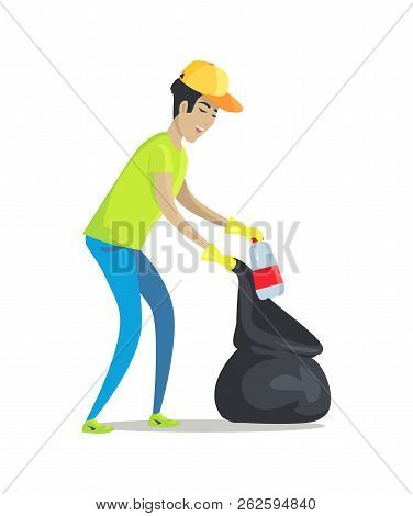Guy Cleans Garbage With Rubber Gloves And Black Pack. Man In Cap Throw Empty Bottle Into Package. Bo