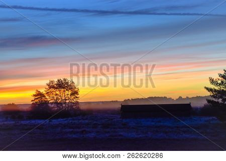 Sunrise Sunset In Golden Autumn In The Luneburg Heath