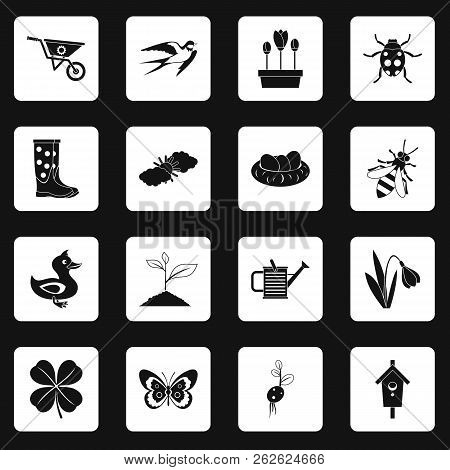 Spring Icons Set In White Squares On Black Background Simple Style Illustration