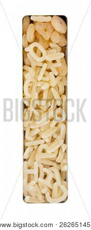 Capital Letter I made up from  alphabet  pasta  macro image 