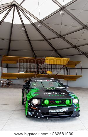 Odessa, Ukraine - June 11, 2017: Monster Energy Nitto Tire Ford Mustang Rtr In A Hangar For Planes.