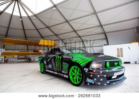 Odessa, Ukraine - June 11, 2017: Monster Energy Nitto Tire Ford Mustang Rtr In A Hangar For Planes.