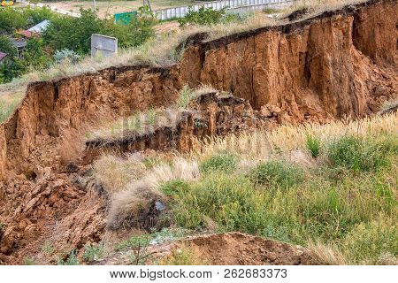 Soil Landslide On Slopes After Degradation Of The Soil Rain Or Underground Water And An Earthquake.