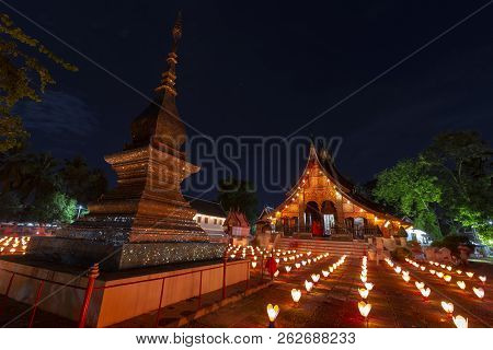 Chedi And Lanterns In Front Of Wat Xiengthong Before The End Of Buddhist Lent In Luang Prabang, Laos