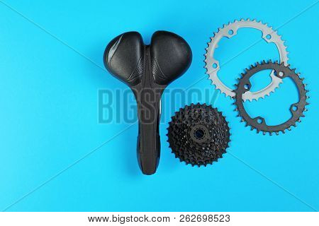 Set Of Different Bicycle Parts On Color Background, Flat Lay. Space For Text