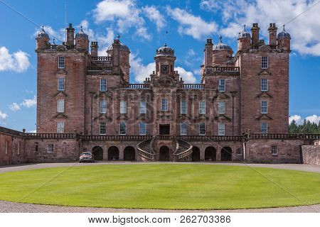 Holm Of Drumlanrig, Scotland, Uk - June 18, 2012: Front Facade With Double Staircase And Clock Tower