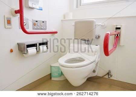 Toilet And Handrail For Disabled People At The Toilet Room, Safty Concept