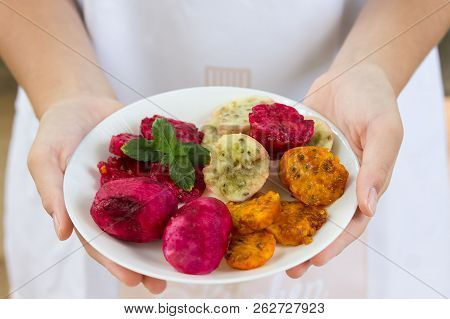 Fresh Mature Prickly Pears Isolated On White Background