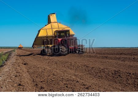 Special Machine For Peat Extraction. Peat Harvester. Agriculture Industry, Peat Farm