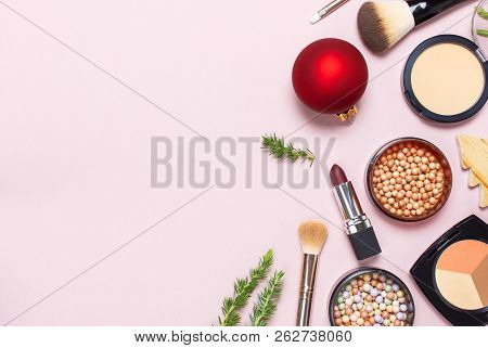 Various Cosmetic Products For Make-up, Blusher, Powder, Brushes, Lipstick, Eyeshadow And Christmas G